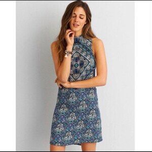 American Eagle Boho Open Back Dress Blue Paisley Mini Sleeveless Womens Size Med